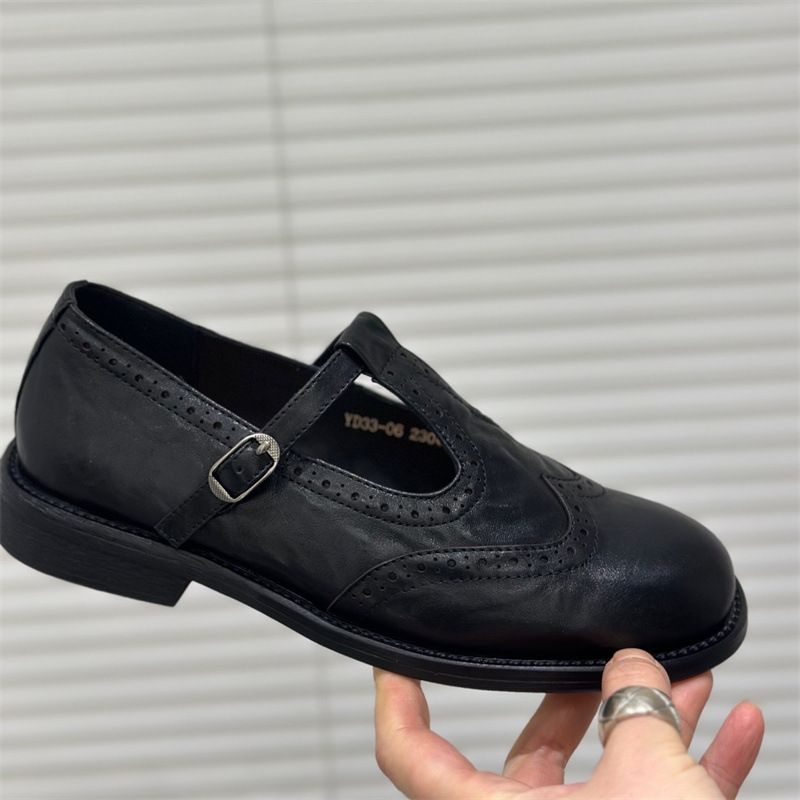 Women's Shoes Cowhide Round Head College Style Retro Fashion All Match T Strap Small Leather Shoes Loafers Women's Single Shoes_voghion.com