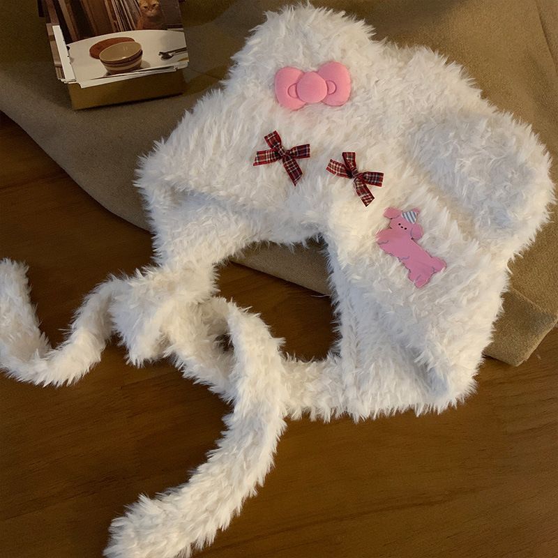 Carino piccolo orso orecchie gatto fiocco peluche donna autunno e inverno caldo protezione orecchie lei feng mostra viso piccolo cappello_voghion.com