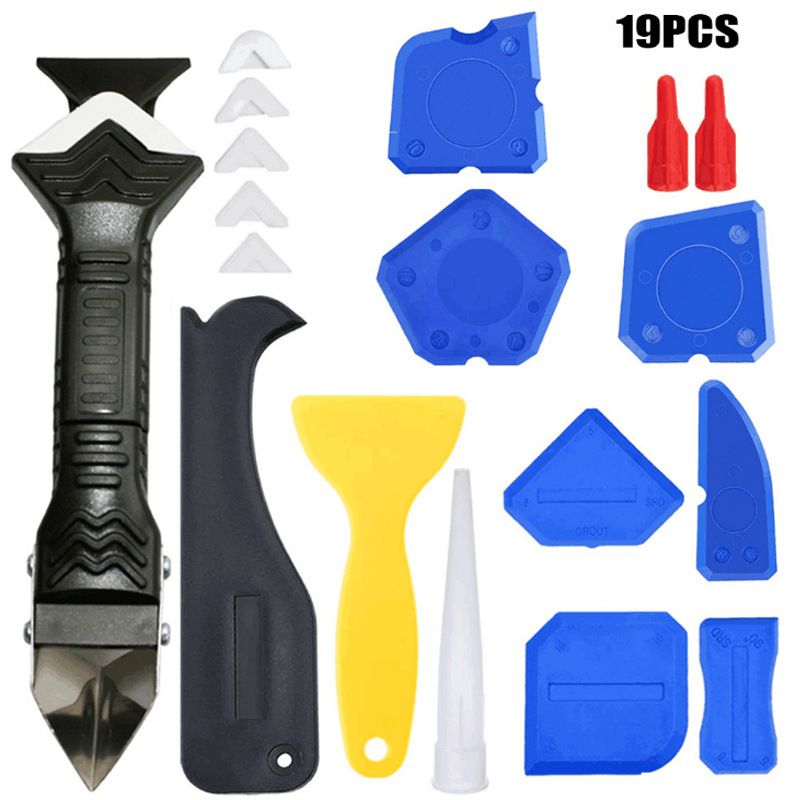 Kit di 19 utensili per sigillatura per pavimenti, porte e bagni: raschietto professionale per fughe con spatola in metallo, punte in gomma morbida e raschietti angolari_voghion.com