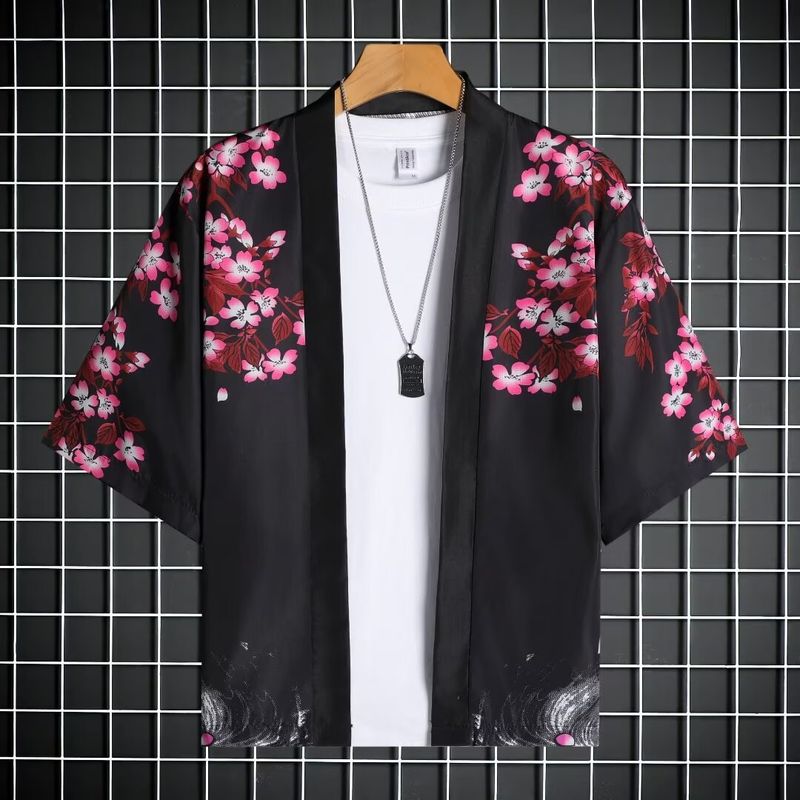 Cardigan de style ethnique, kimono, ample et décontracté, manches sept-quarts peintes Ukiyo-e, pour hommes et femmes, robe tissée en plumes_voghion.com