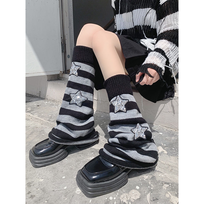 Y2K Subculture JK Donna Nero Lungo Tubolare Vitello Lavorato a Maglia Stella Scaldamuscoli Calzini Slouch Ragazza Alla Moda_voghion.com