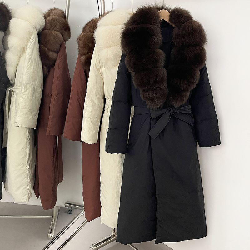 Damenbekleidung Langer Daunenmantel mit Fuchspelzbesatz und Gürtel in der Taille, Winterjacke mit schmaler Passform für Büro und Freizeit (mehrere Farboptionen)_voghion.com