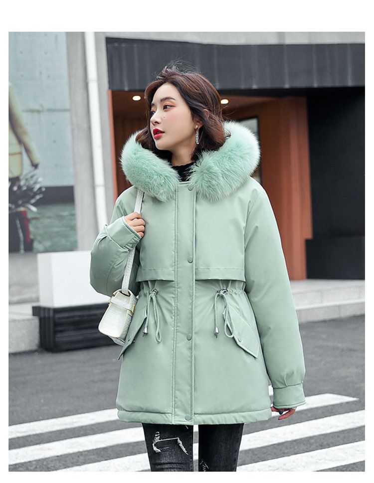 Ropa de mujer Chaqueta de invierno de mujer de algodón de longitud media con cuello de piel sintética, talla grande, cintura y pantalón corto._voghion.com