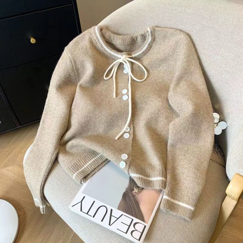 Süße Strickjacke im koreanischen Stil für Damen mit Bindegürtel, übergroßem Kragen, langen Ärmeln, lässiger lockerer Passform, Optionen für einfarbige und Farbblockmuster_voghion.com