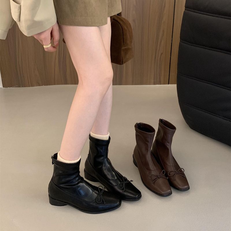 Schmetterlingsknoten Elastic Slim 2025 Herbst Square Toe Chunky Heel Short für Frauen Zurück Zipper Slimming Martin Stiefel_voghion.com
