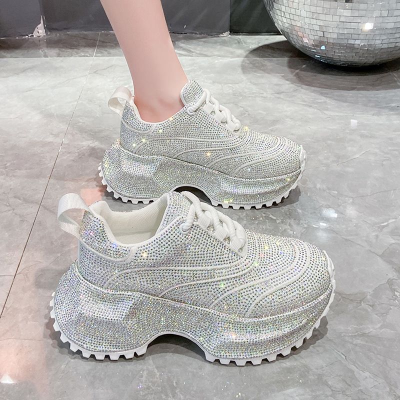 Modische Damen-Sneaker mit Strasssteinen – klobige Plateauschuhe für mehr Körpergröße, atmungsaktives Obermaterial aus PU, lässige und trendige Low-Top-Schnürschuhe_voghion.com