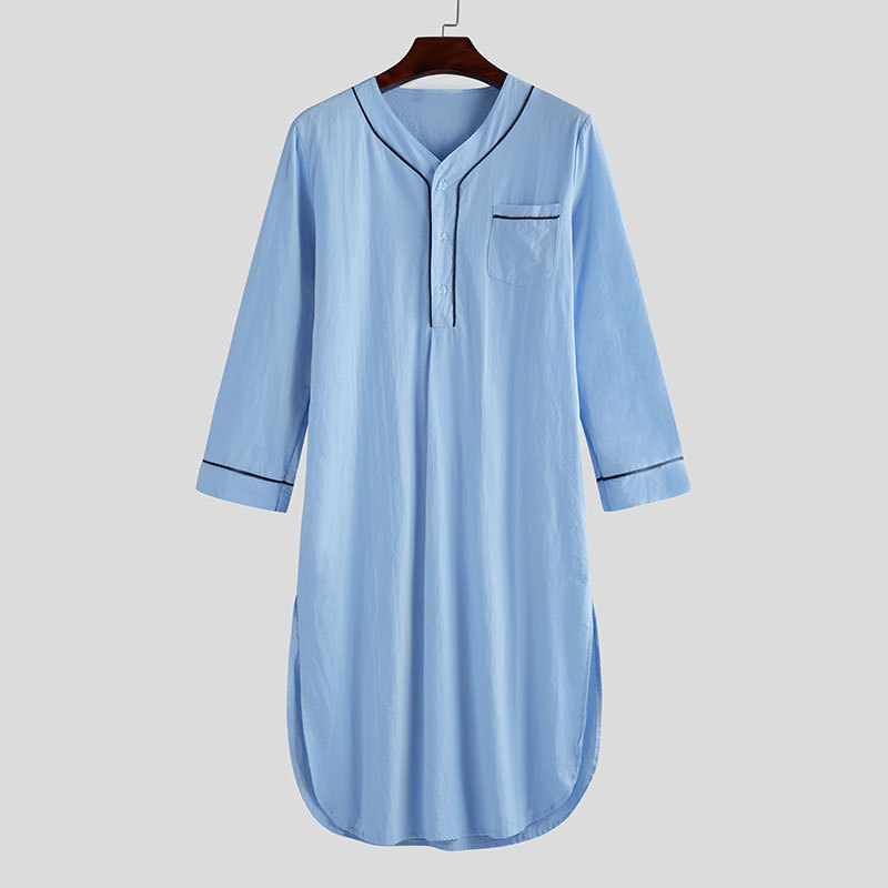 2025 Frühling Muslimischen Mittellangen Lose Feste Pyjamas männer Homewear Nachtwäsche Farbe Block_voghion.com