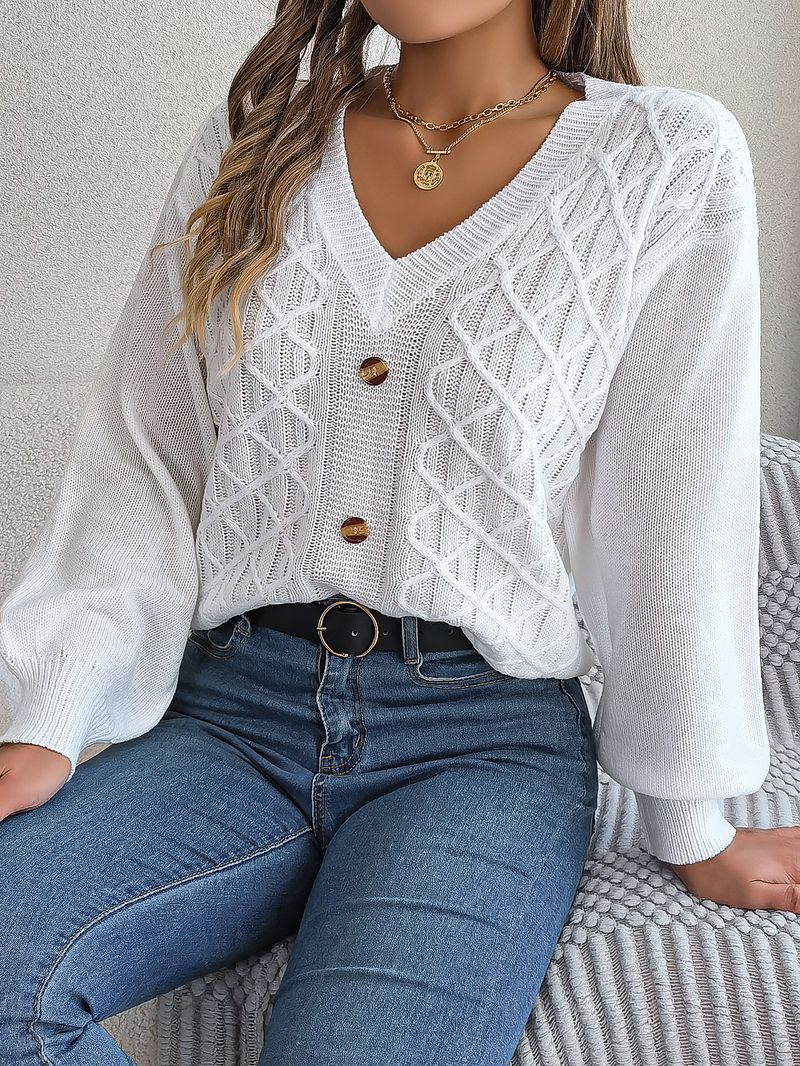 Maglione pullover con maniche a lanterna intrecciate e bottoni casual stile autunno inverno per donna_voghion.com
