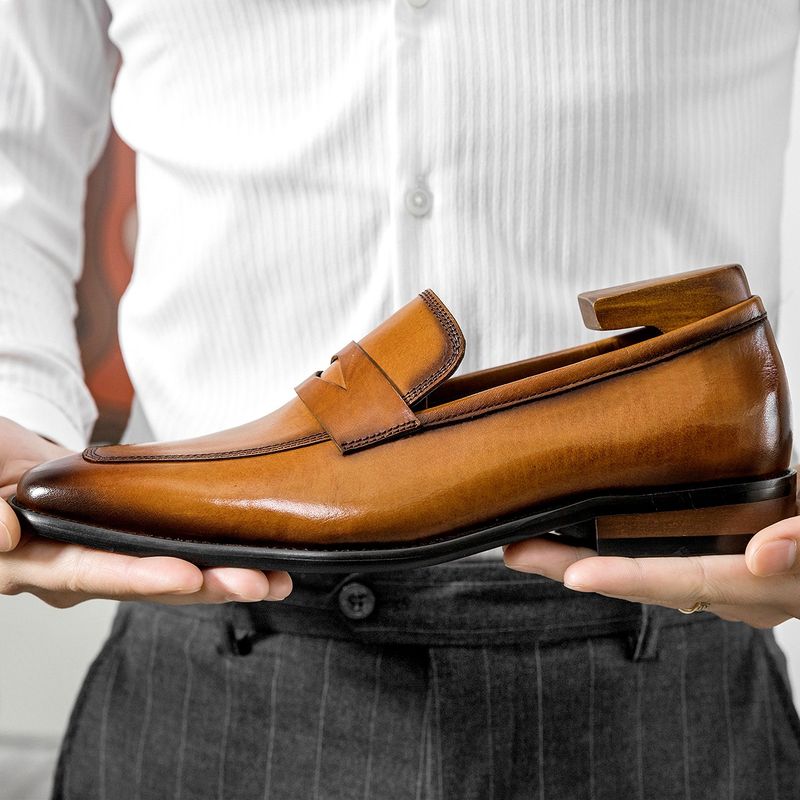 Geeignet für alle Jahreszeiten 【Hohe Qualität】Penny Loafers Square Toe Leder Herren Business Casual Rindsleder Herren Slip-On Schuhe_voghion.com