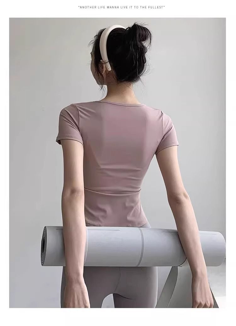 Odzież damska Dekolt w serek Elastyczna szybkoschnąca Ubrania do jogi Profesjonalne treningi Koszulka z długim rękawem Cienkie, obcisłe ubrania fitness Wiosna i lato_voghion.com