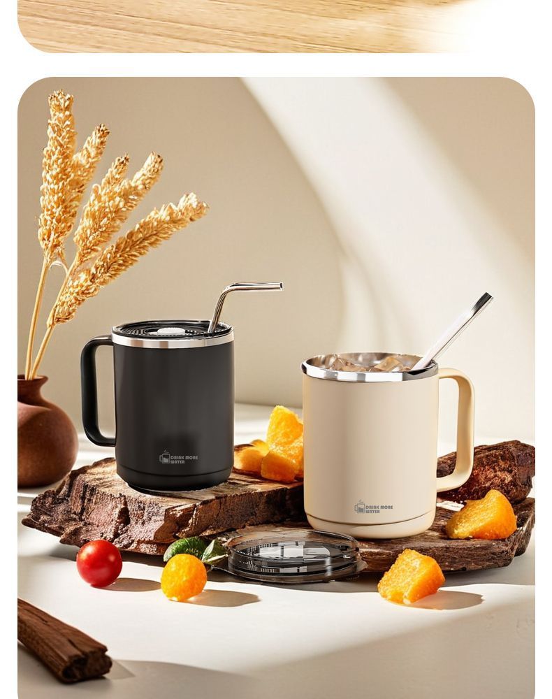 Stainless Steel Mug With Lid Student Double-layer Insulation Office Worker Drinking Tea Coffee Cup_voghion.com