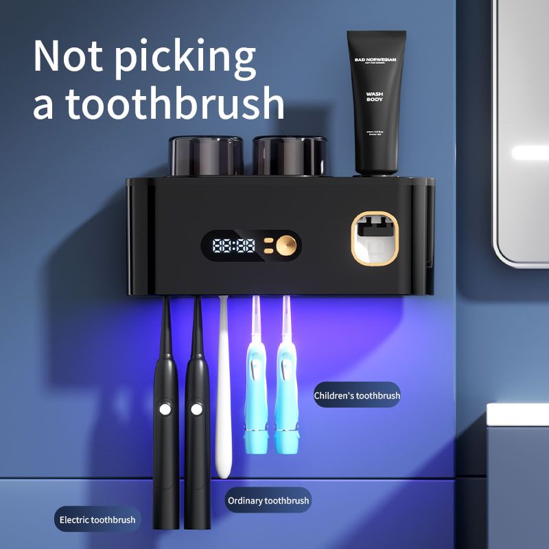 UV Smart Toothbrush Holder Sterilizer Electric Drying Storage Rack Wall-Mounted No Drilling Required_voghion.com