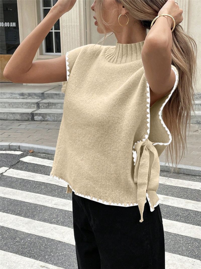 Dameskleding Dames Mouwloos Trui Vest Eenvoudig Ontwerp Contrasterende Kleur Strik Top_voghion.com