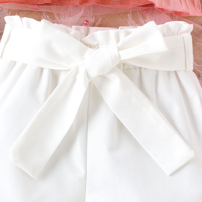 2024 Primavera/Estate Bambini Tinta Unita Cinghia Appesa con Bordo Orecchie in Legno Una Linea Collo Top Pantaloncini Temperamento Ragazza_voghion.com