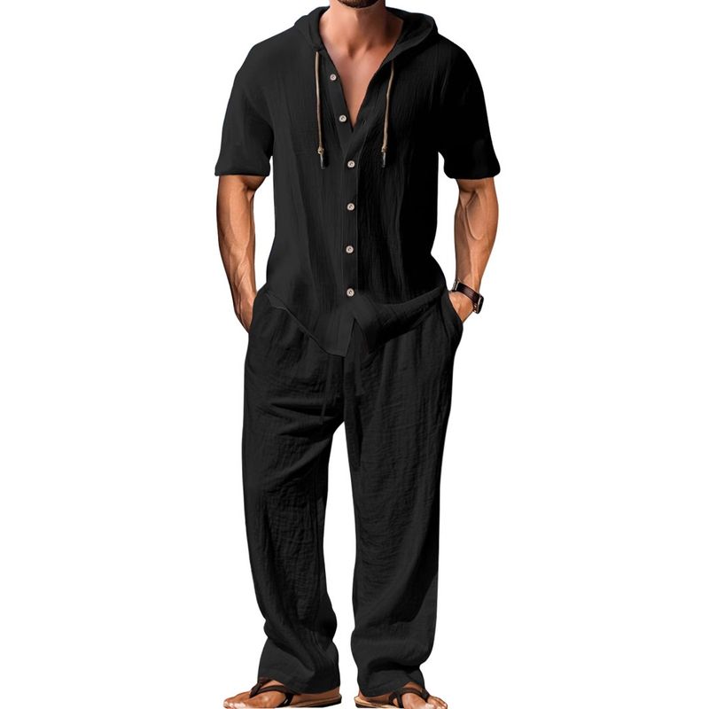 25 Set di pantaloni lunghi larghi con cappuccio e maniche in cotone e lino, casual e sportivo da uomo_voghion.com