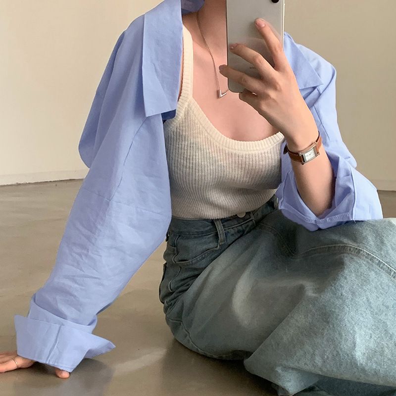 Shirt ultra short shirt sunscreen summer new solid color loose basic versatile cover up small jacket_voghion.com