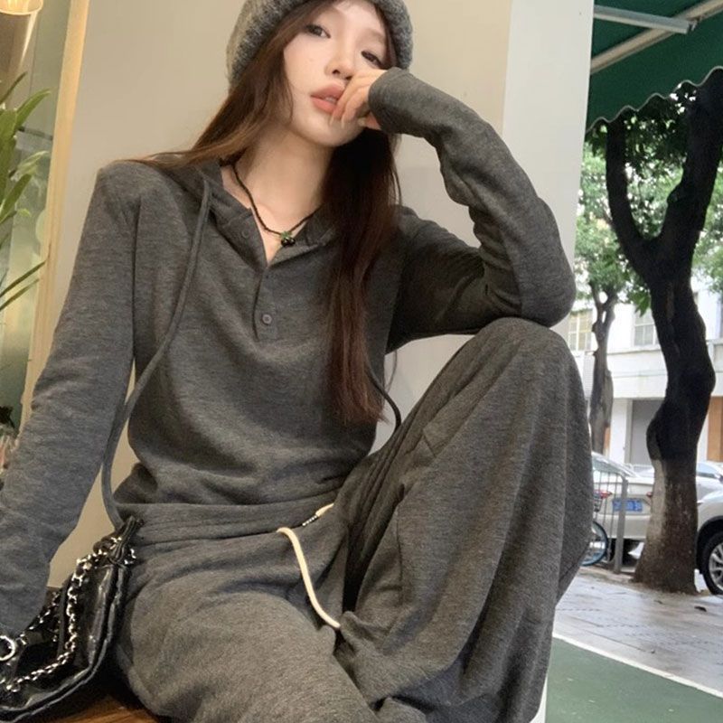 001 Casual Sports Suit For Women, Autumn New Loose Lazy Style, Youthful Fashionable Top And Wide-Leg Pants Two-Piece Set_voghion.com