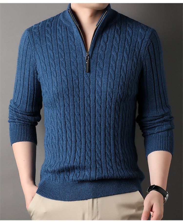 Herren-Strickpullover mit halbem Reißverschluss und Wollmischung, Winterpullover für lässigen & eleganten Style (Grau, M)_voghion.com