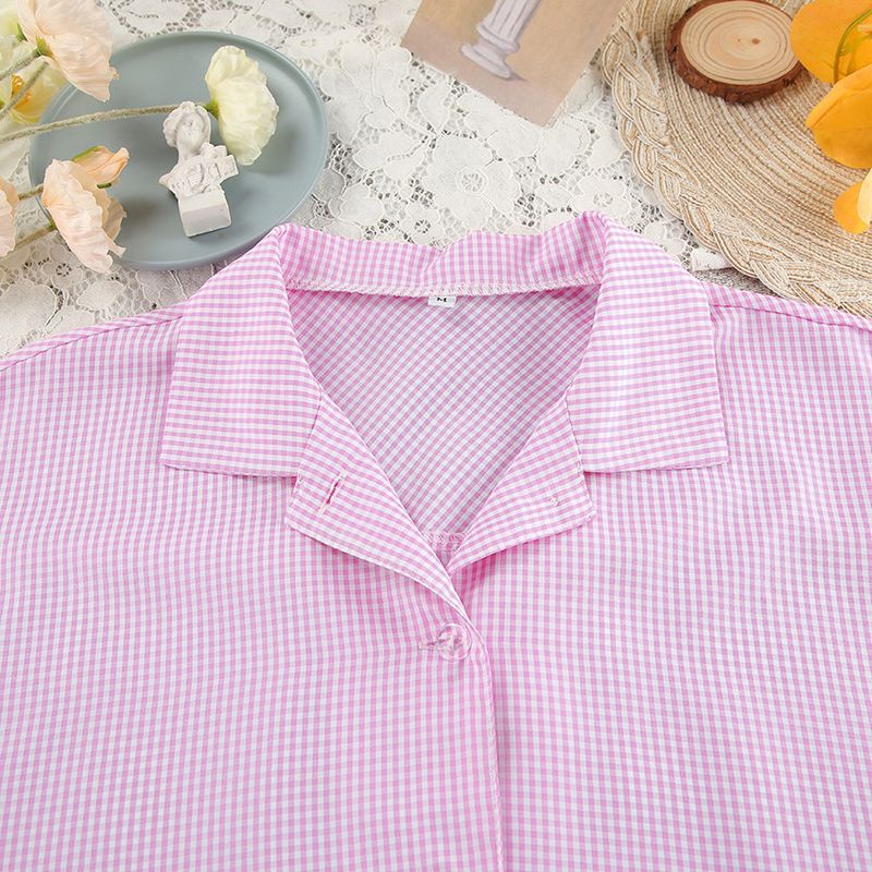 Pigiama da donna, cardigan a maniche lunghe con volant e plaid rosa, pantaloni con lacci, due pezzi, abbigliamento per la casa_voghion.com