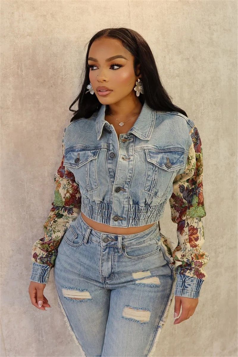 Moda feminina roupas estampadas cor combinando jaqueta jeans jeans terno de duas peças_voghion.com
