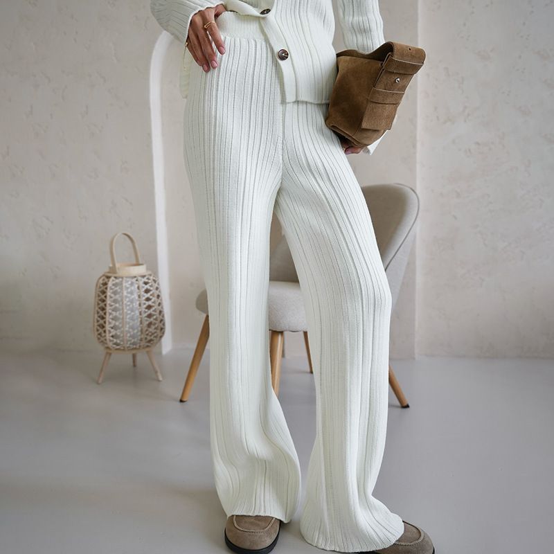 Ensemble polo et pantalon décontractés en tricot pour femme - Mélange de polyester extensible doux, tenue confortable à manches longues pour un usage quotidien_voghion.com