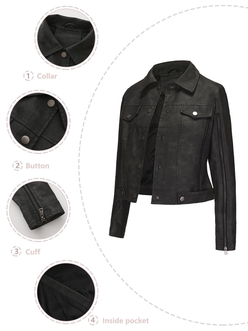 Women's Faux Leather Biker Jacket With Multiple Zipper Details, Long Sleeve Open Front Stylish Coat For Spring & Autumn_voghion.com