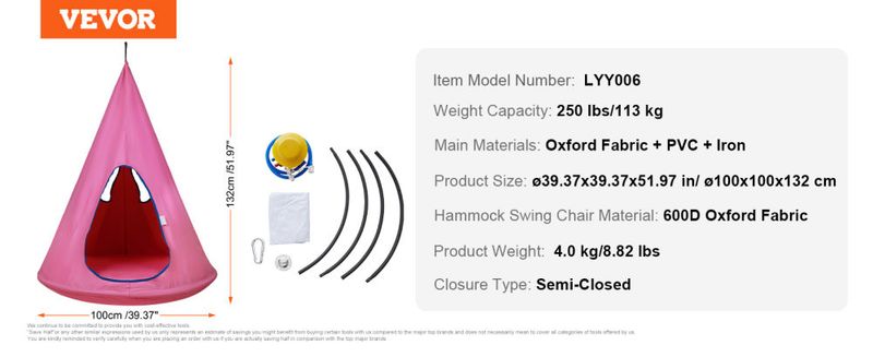 VEVOR Kids Nest Swing Chair, Hanging Hammock Chair with Adjustable Rope, Hammock Swing Chair for Kids Indoor and Outdoor Use (39" D x 52" H), 250lbs W_voghion.com