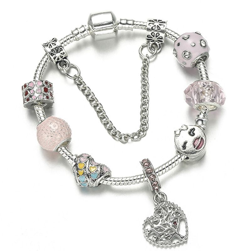 Pulseiras de charme da moda estilo faça você mesmo, pulseira de liga de árvore do amor rosa com contas de furo grande_voghion.com