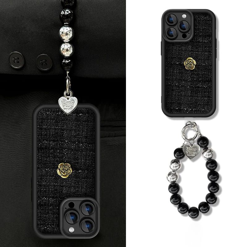 Elegante custodia per telefono con cordino 3D a forma di fiore di camelia dorata per iPhone 16 15 14 13 12 11 Pro Max Plus, protezione per obiettivo, antiurto_voghion.com