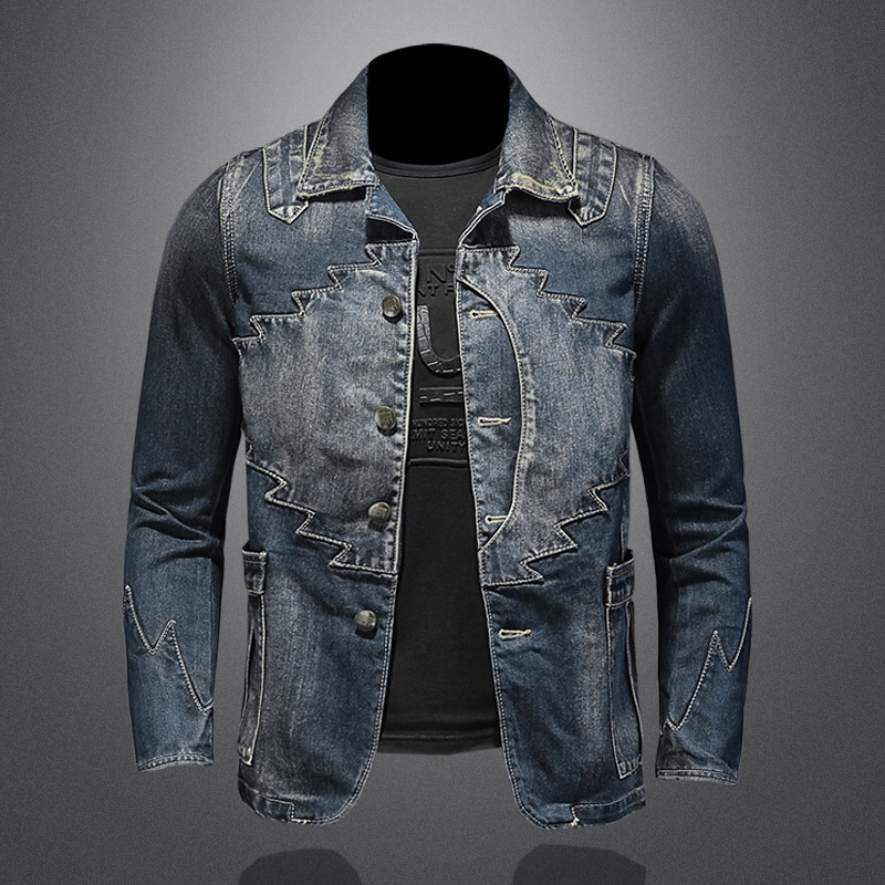 Herrenbekleidung, modisch, Persönlichkeit, Design, Anzug, Jeansjacke, Jacke, schwerer Ethno-Stil, Denim-Kleidungstrend_voghion.com