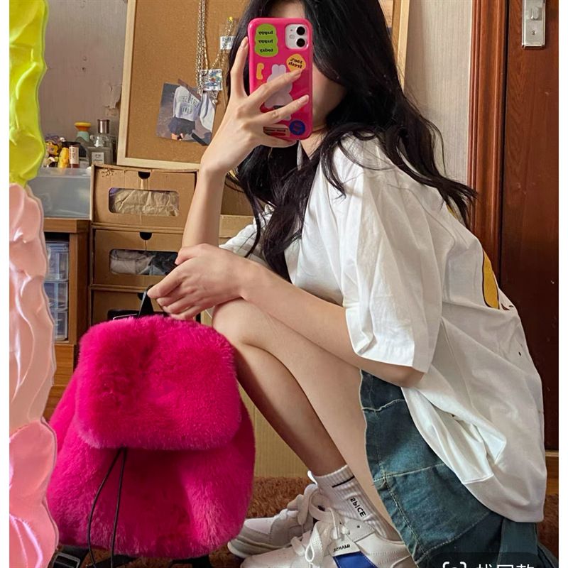 New Plush Backpack Rabbit Fur Fur Backpack Student Girl Large Capacity Drawstring Leopard Pattern Solid Color Versatile Bag_voghion.com