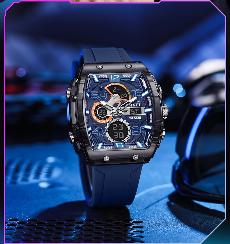 Neue elektronische Uhr Fashion Square Dual Display wasserdicht leuchtend mehrfarbig für Männer_voghion.com