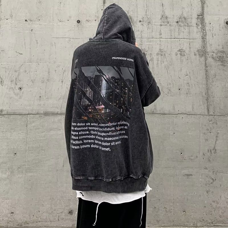 Sudadera con capucha versátil de puro algodón con estilo urbano para hombre, estilo antiguo americano lavado, moderna y atractiva chaqueta con capucha_voghion.com