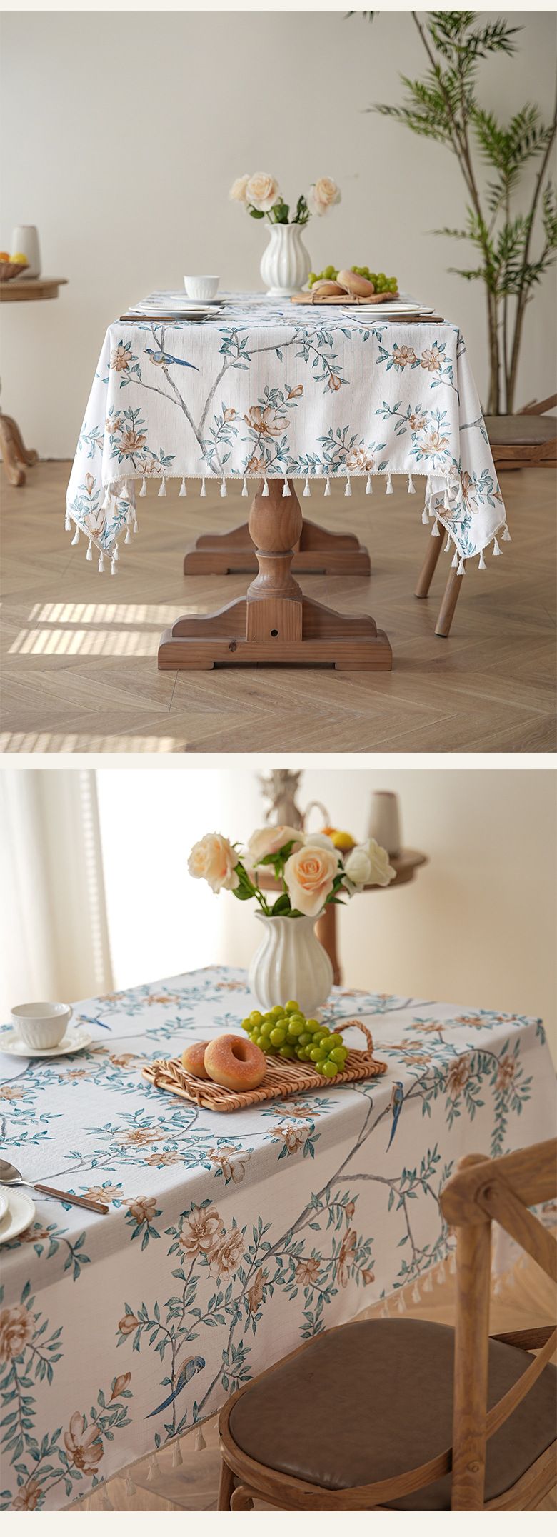 French Style Tablecloth With Fringe & Floral Print – Non-Slip, Heat-Resistant, Dustproof Rectangle Table Cover For Dining, Coffee Table_voghion.com