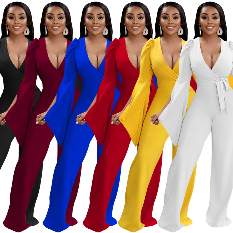 Dametøj nyt produkt ensfarvet sexet dyb V-rem plisseret brede ærmer lange bukser jumpsuit til kvinder_voghion.com