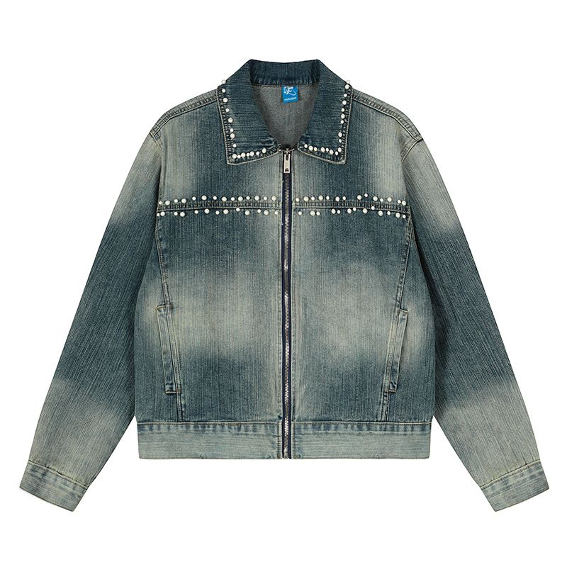 Amerikanischer Stil Perlendesign Abgesteppter gewaschener Denim Unisex Neue lose vielseitige kurze Jacke trendig_voghion.com