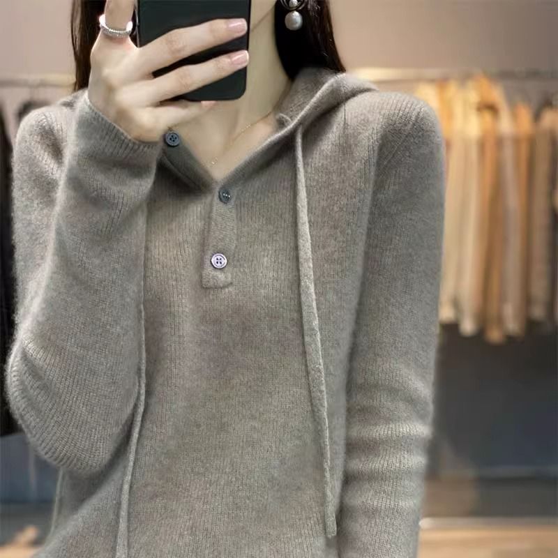 【 Cashmere Family 】 Korean version loose short wool base sweater women's hooded sweatshirt thick knit inner layer_voghion.com