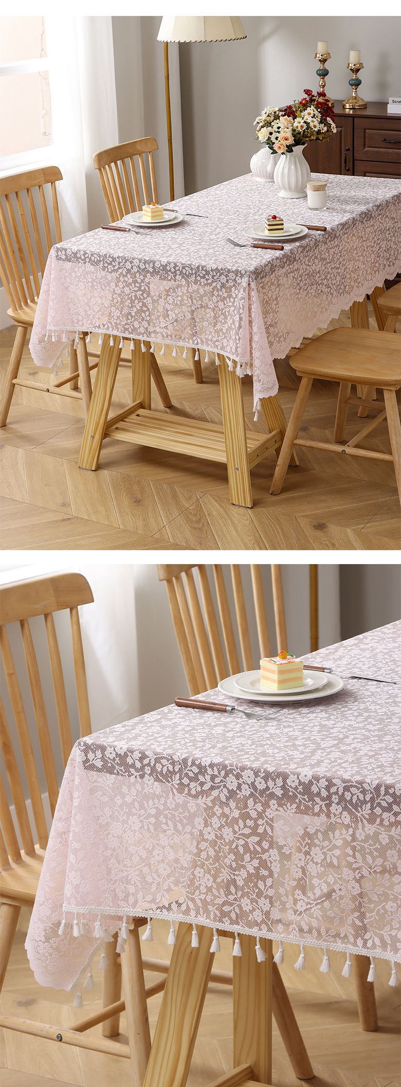 Tischdecke mit Spitzenblumenmuster und Quasten – 130 x 180 cm, rechteckig, Polyestergewebe, rutschfest, für Bauernessen, Fotografie und Teepartys_voghion.com
