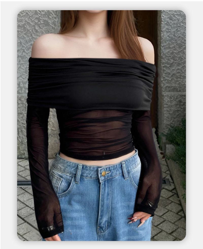 Dámské síťované tričko jaro a léto elastické jedno rameno pikantní dívka sexy slim fit černý top pro ženy_voghion.com