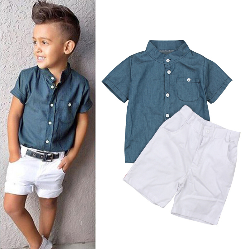 Chemise d'été bleue à manches courtes pour garçons, mère et enfant, haut + short blanc, tendance, deux ensembles d'ins_voghion.com