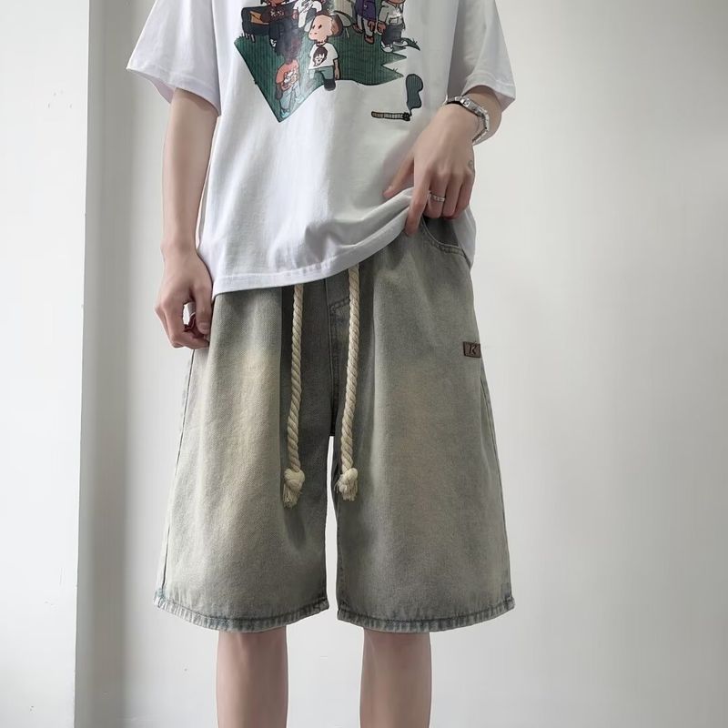 Pantalons de qualité supérieure couleur café, style urbain, jeans à taille élastique avec cordon de serrage, pantalons droits américains surdimensionnés pour hommes_voghion.com