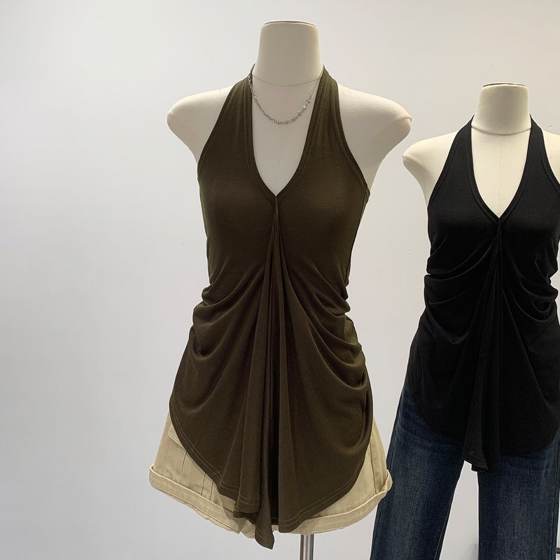 Lyocell Tencel Halter Neck Backless Slim V-Neck Camisole Summer 2025 New Korean Style Versatile Sleeveless Top_voghion.com