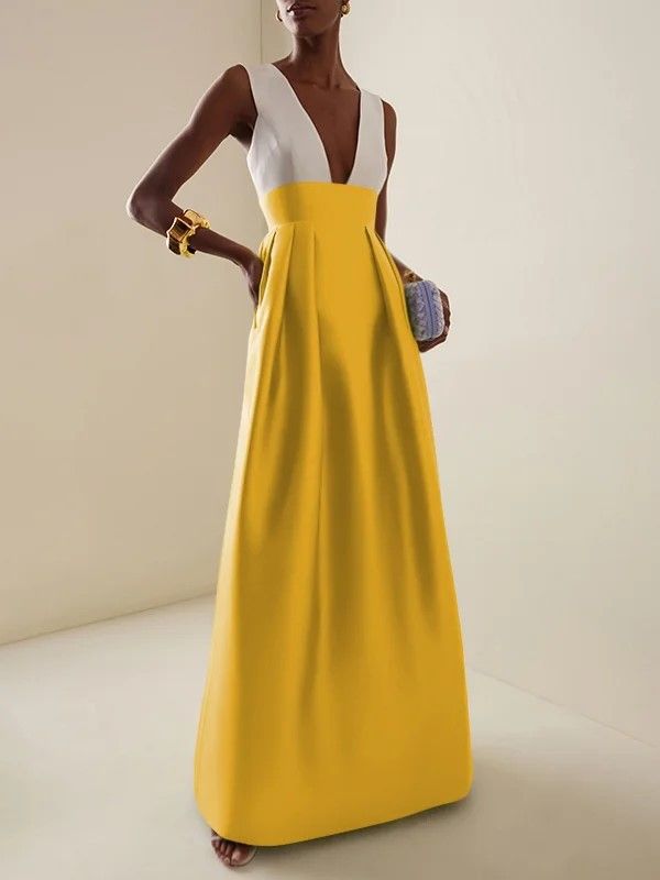 2025 Sommer Neue Damen Sexy Slim Fit Patchwork Tiefes V-Ausschnitt Split Abend Party Kleid_voghion.com