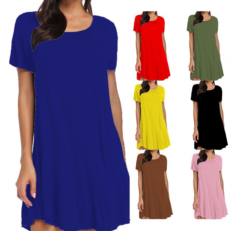 2023 New Summer Women's T-shirt Solid Color Short Sleeve Dress_voghion.com