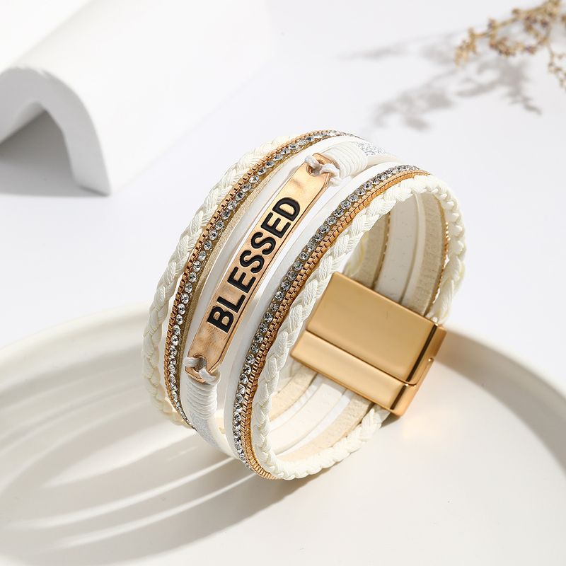 Bracelet tissé unisexe en cuir PU de style ethnique, multicouches, strass_voghion.com