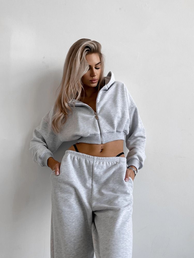 Women's Hooded Zip-Up Sweatshirt & Jogger Set (Breathable Poly-Cotton, Pink/Stone Grey/White, S/M/L/XL, Streetwear Essentials)_voghion.com