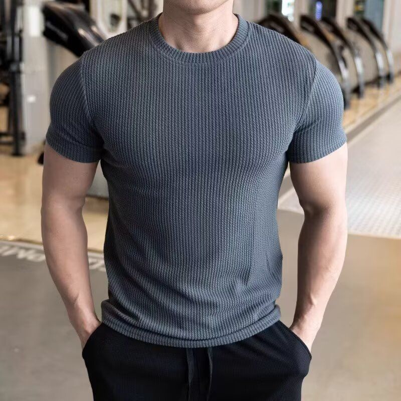 Men's Short-sleeved T-shirt Summer New Slim-fit Business Casual Fashion Versatile High-end Striped Crew Neck Bottoming Shirt_voghion.com