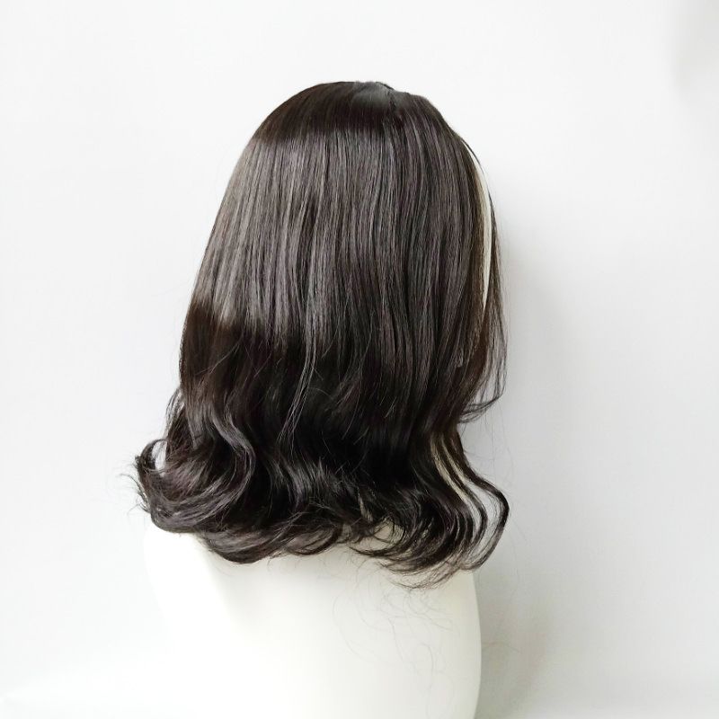 Perruque femme cheveux mi-longs avec frange et cheveux longs bouclés mécanisme coiffure en fibre chimique_voghion.com