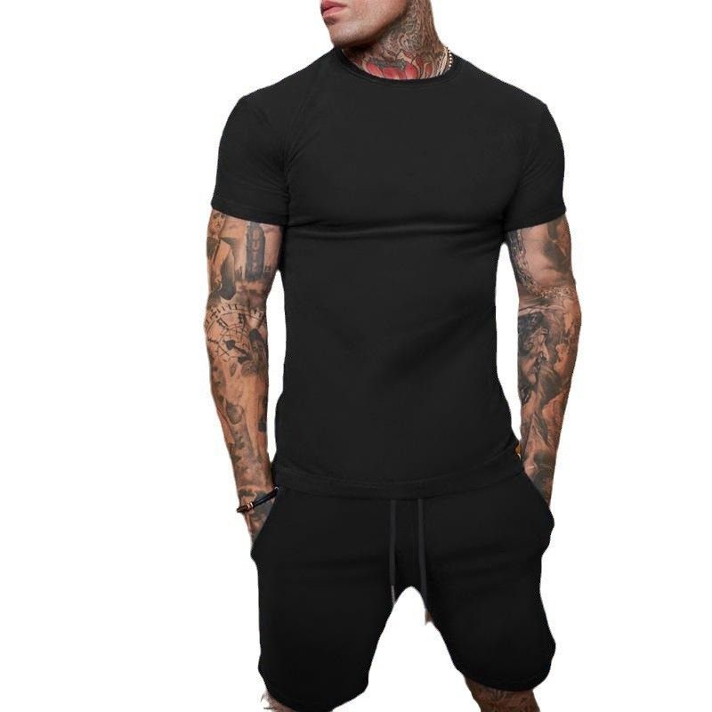 CT Hot Selling Solid Color T-Shirt + Five-Point Men's Summer Short Sleeve Shorts Set Breathable Style_voghion.com