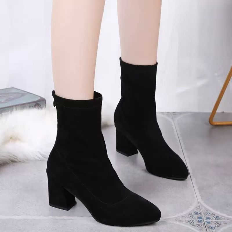 2025 Autumn Winter New Thick Pointed Toe Suede Short Women High Heel Stretch Slim Fashion Boots_voghion.com